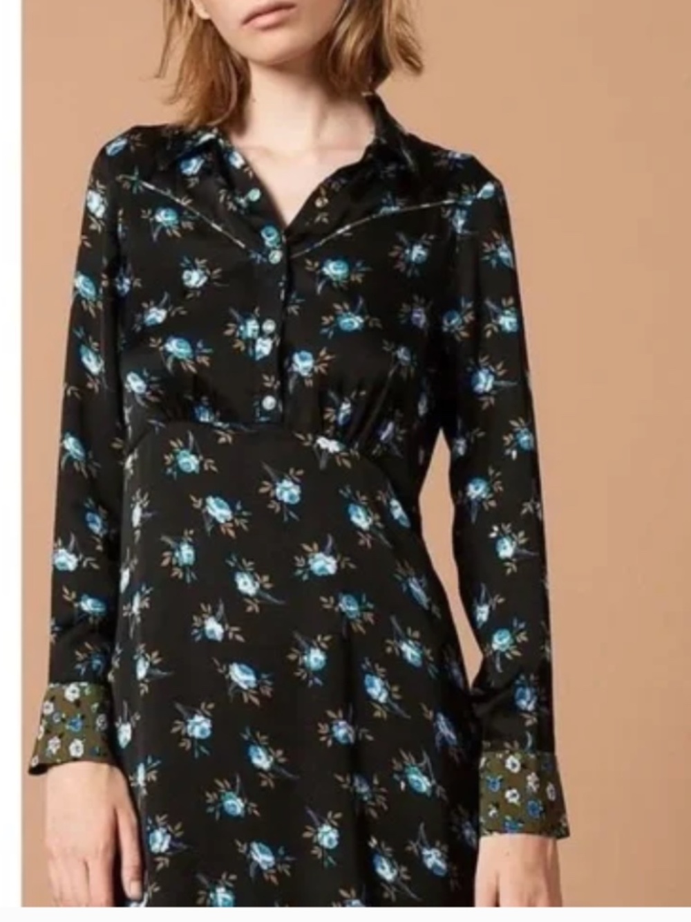Sandro Black Long-Sleeves Floral Shirt Dress with Blue Rose Print Size 4 - Picture 3 of 16